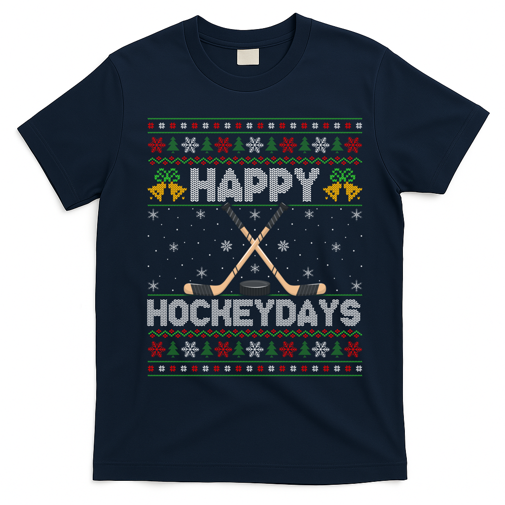 Ugly Xmas Happy Hockeydays Ice Hockey Christmas Great Gift T-Shirt - Navy Blue
