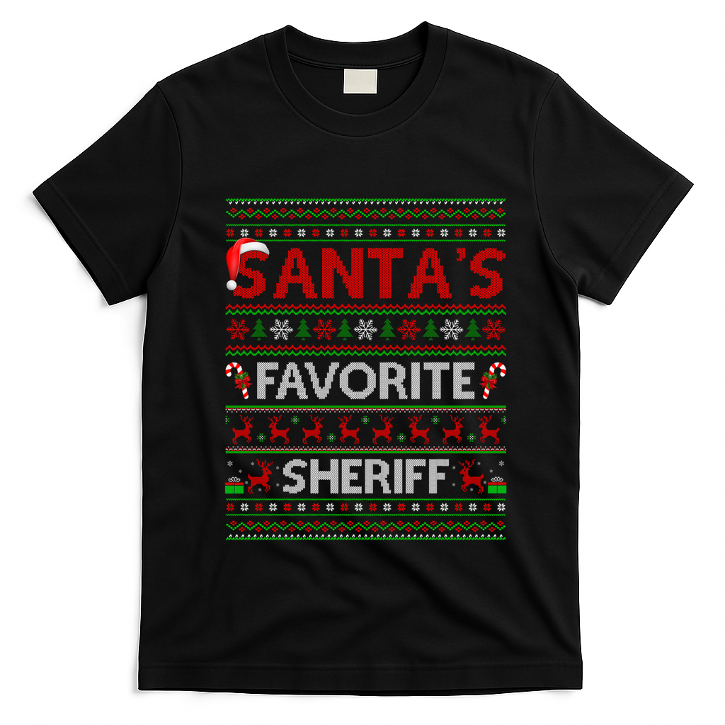 Ugly Xmas Lighting SantaS Favorite Sheriff Christmas Cute Gift T-Shirt - Black