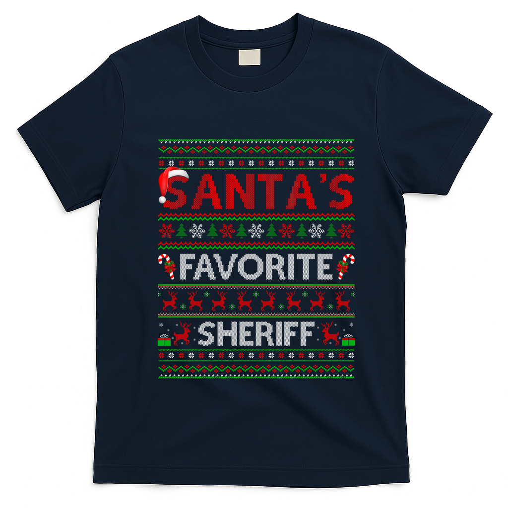 Ugly Xmas Lighting SantaS Favorite Sheriff Christmas Cute Gift T-Shirt - Navy Blue