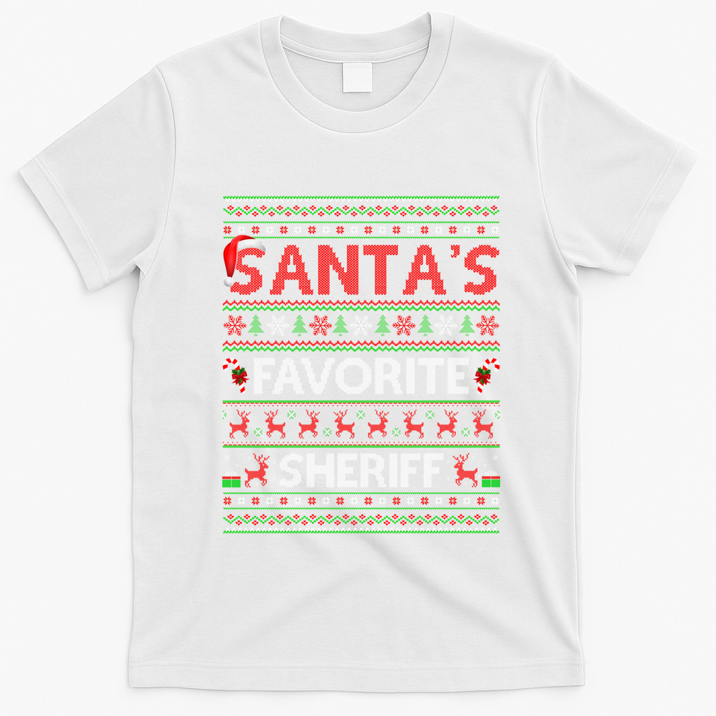 Ugly Xmas Lighting SantaS Favorite Sheriff Christmas Cute Gift T-Shirt - White