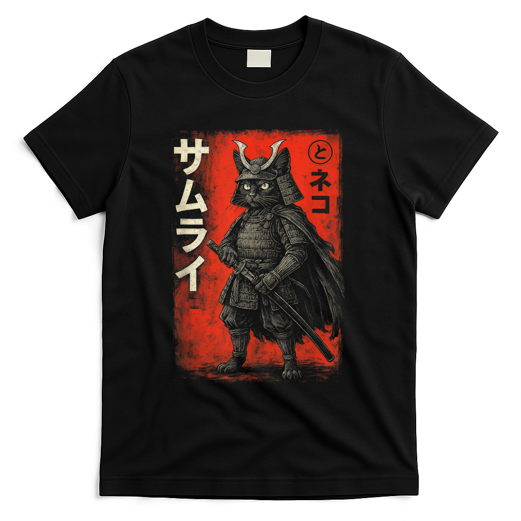 Vintage Anime Cat Samurai Japanese Funny Graphic Tees Cat  T-Shirt - Black