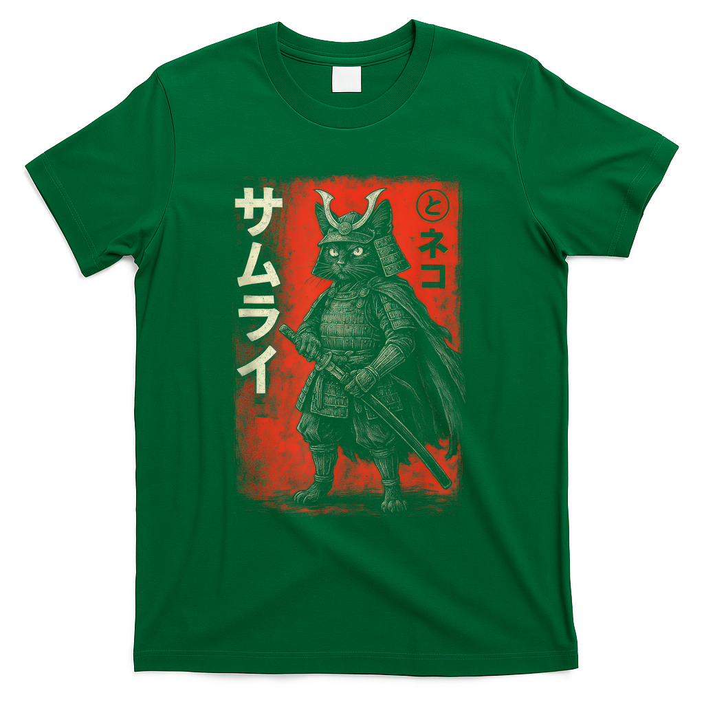 Vintage Anime Cat Samurai Japanese Funny Graphic Tees Cat  T-Shirt - Green