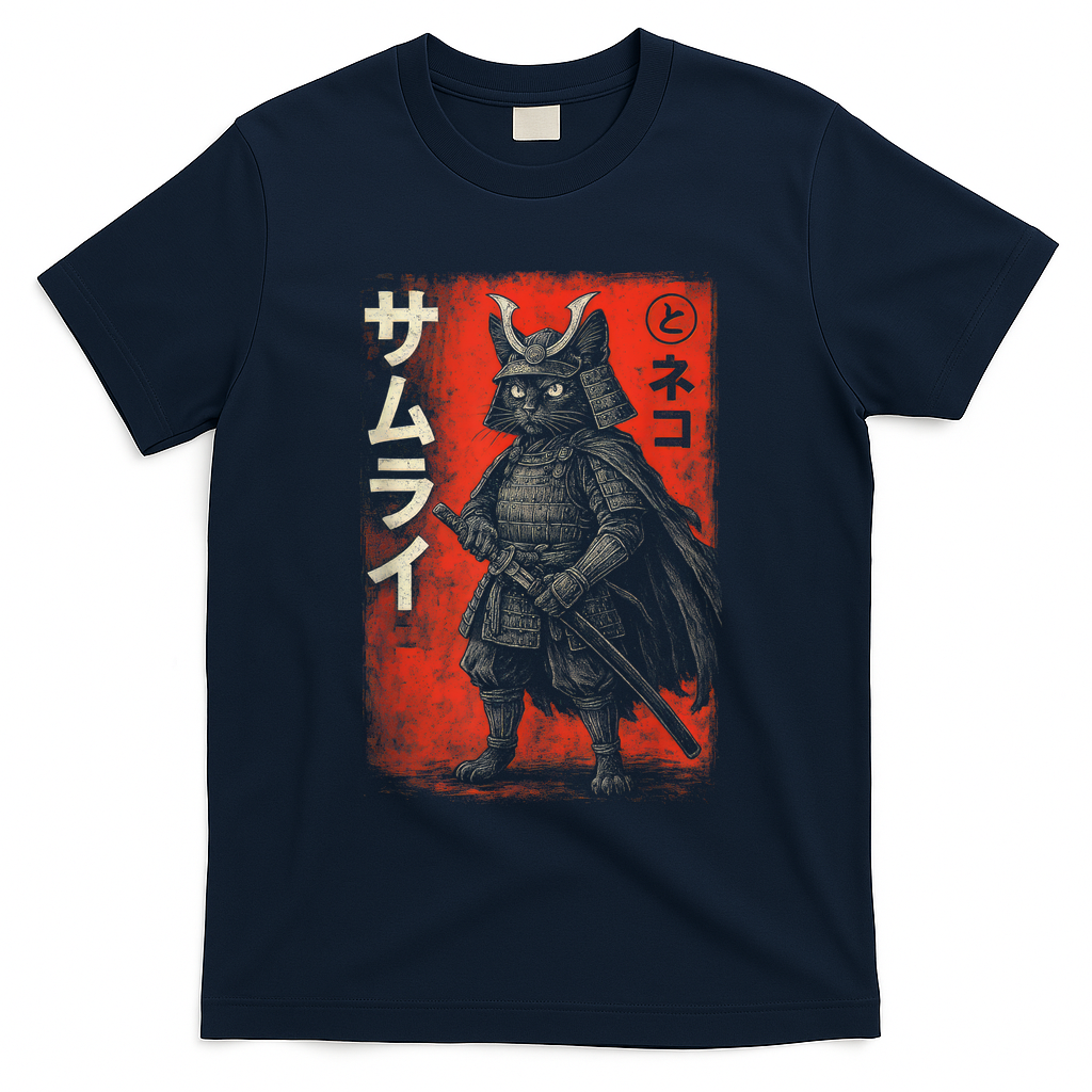 Vintage Anime Cat Samurai Japanese Funny Graphic Tees Cat  T-Shirt - Navy