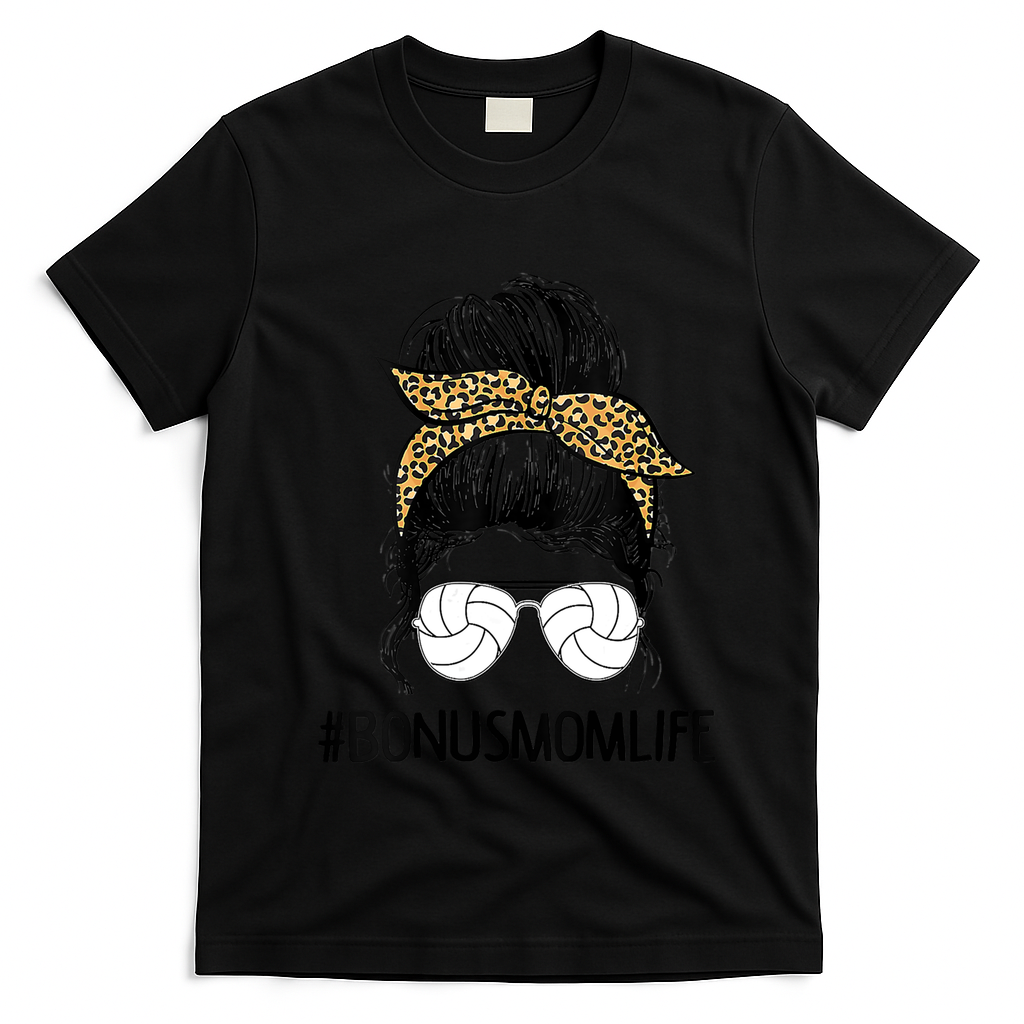 Volleyball Bonus Mom Life Messy Bun Leopard Mother’S Day Cute Gift T-Shirt - Black
