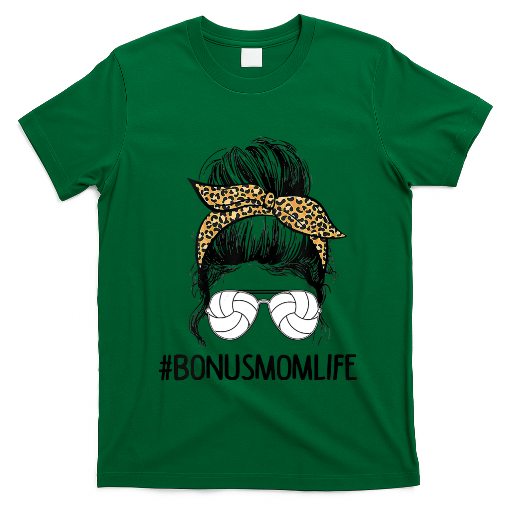 Volleyball Bonus Mom Life Messy Bun Leopard Mother’S Day Cute Gift T-Shirt - Irish Green