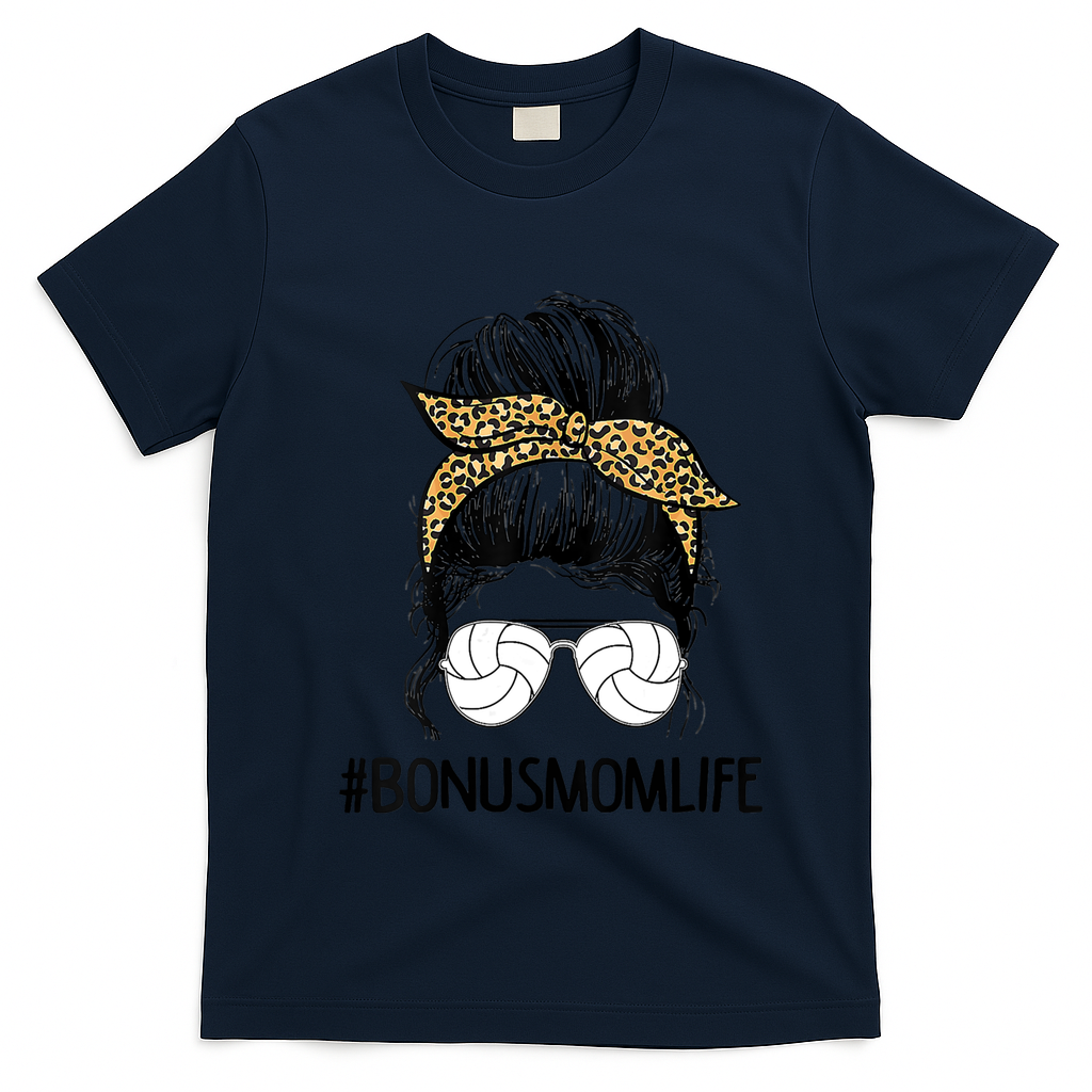 Volleyball Bonus Mom Life Messy Bun Leopard Mother’S Day Cute Gift T-Shirt - Navy Blue