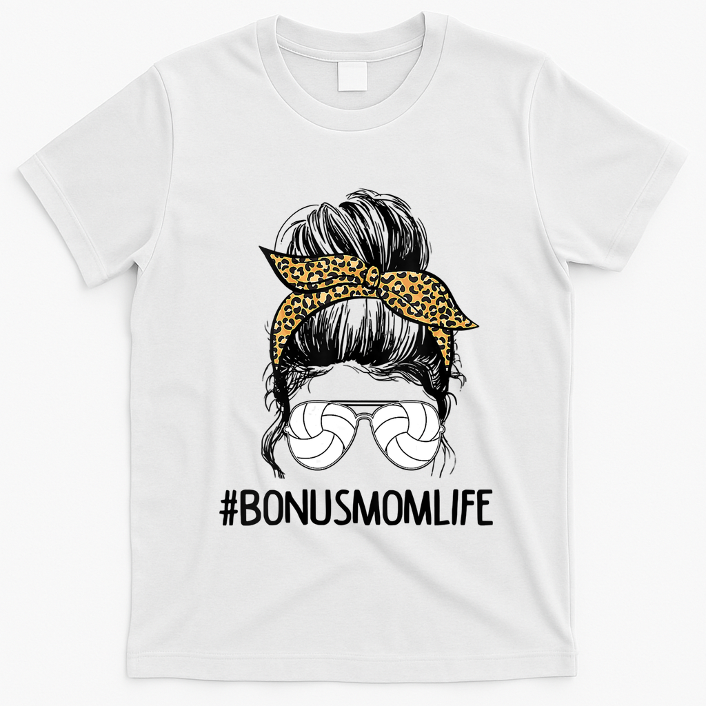 Volleyball Bonus Mom Life Messy Bun Leopard Mother’S Day Cute Gift T-Shirt - White