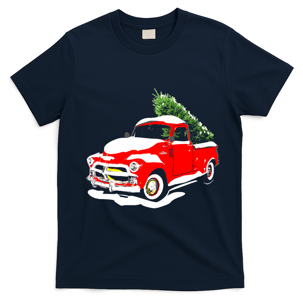 Vintage Christmas Tree Truck Funny Retro Xmas Gift T-Shirt - Navy Blue