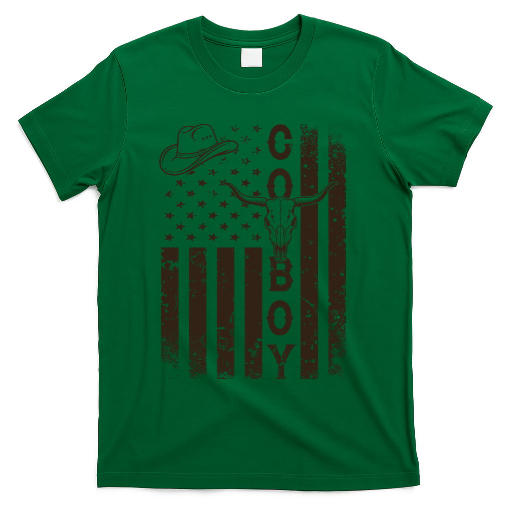 Vintage Distressed Cowboy American USA Flag T-Shirt - Green