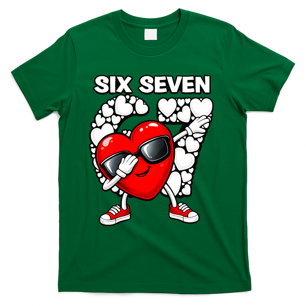 Valentines Day Hearts Dabbing Six Seven 67 Meme T-Shirt - Green
