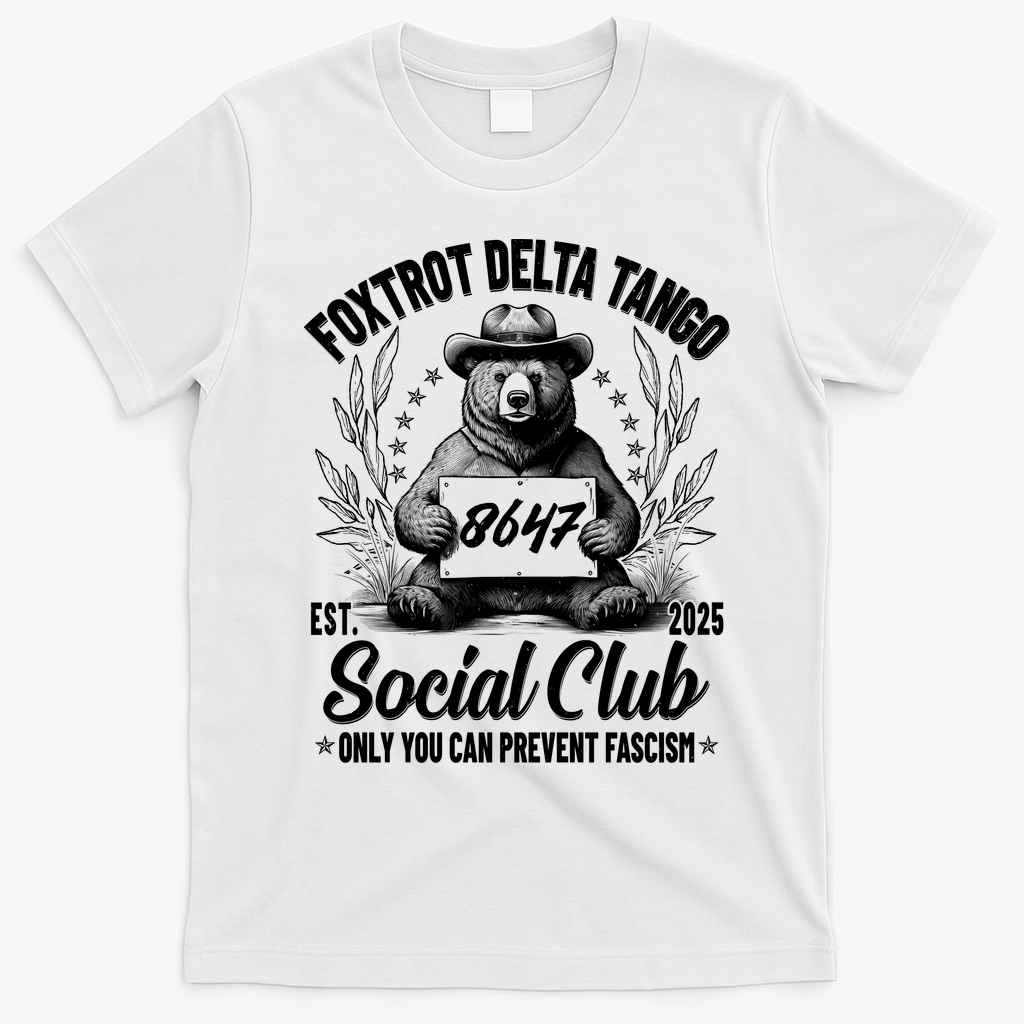 Vintage Foxtrot Delta Tango Social Club 8647 Ranger Bear T-Shirt - White
