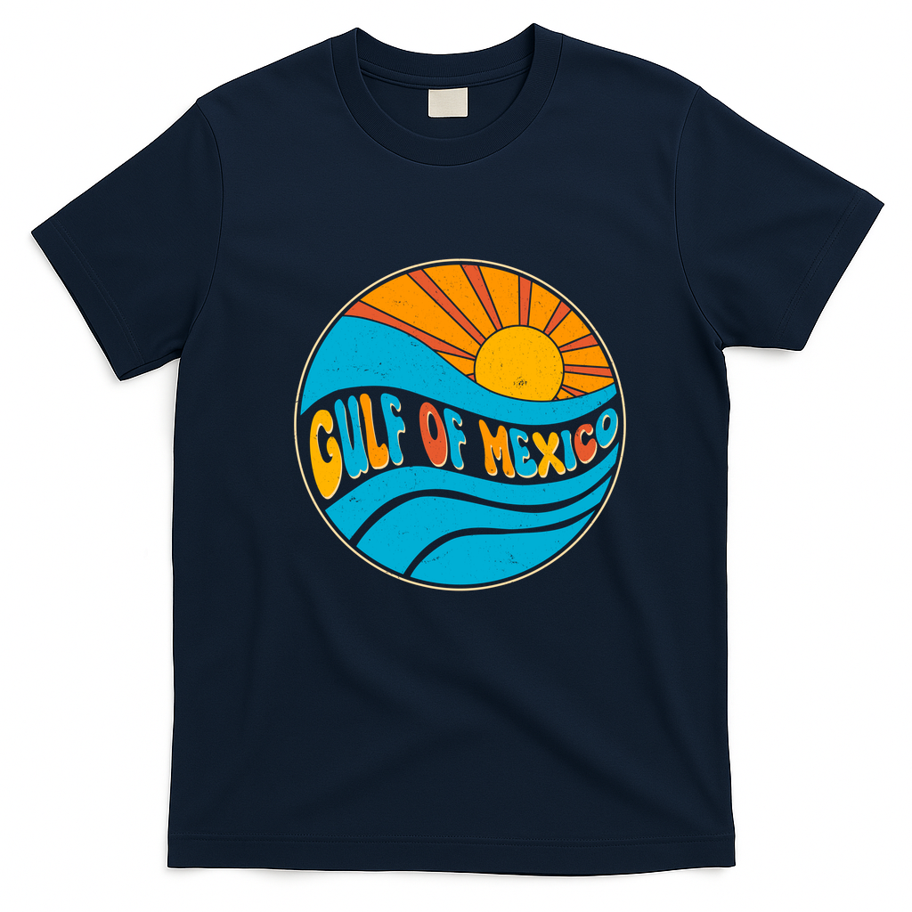 Vintage Gulf of Mexico Retro Sun Emblem T-Shirt - Navy Blue