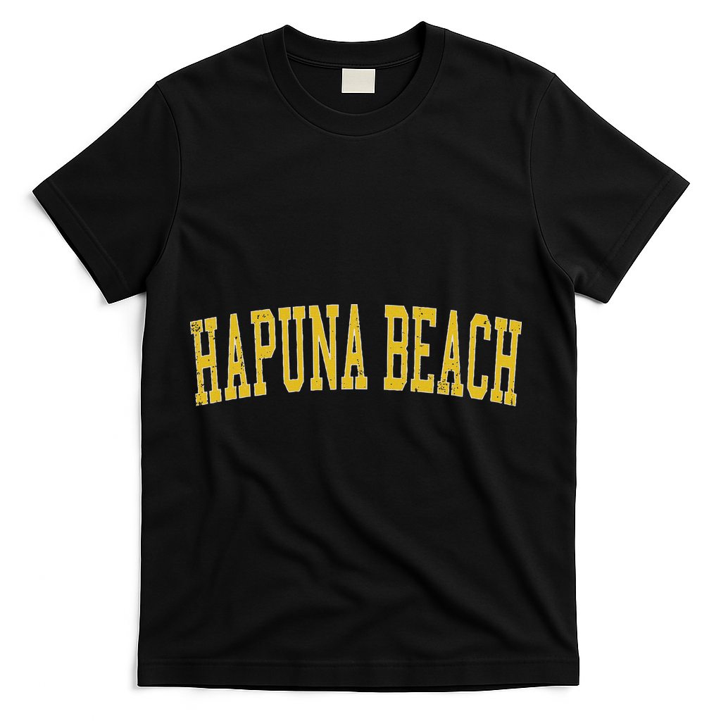 Vintage Hapuna Beach Distressed Gold Varsity Style T-Shirt - Black