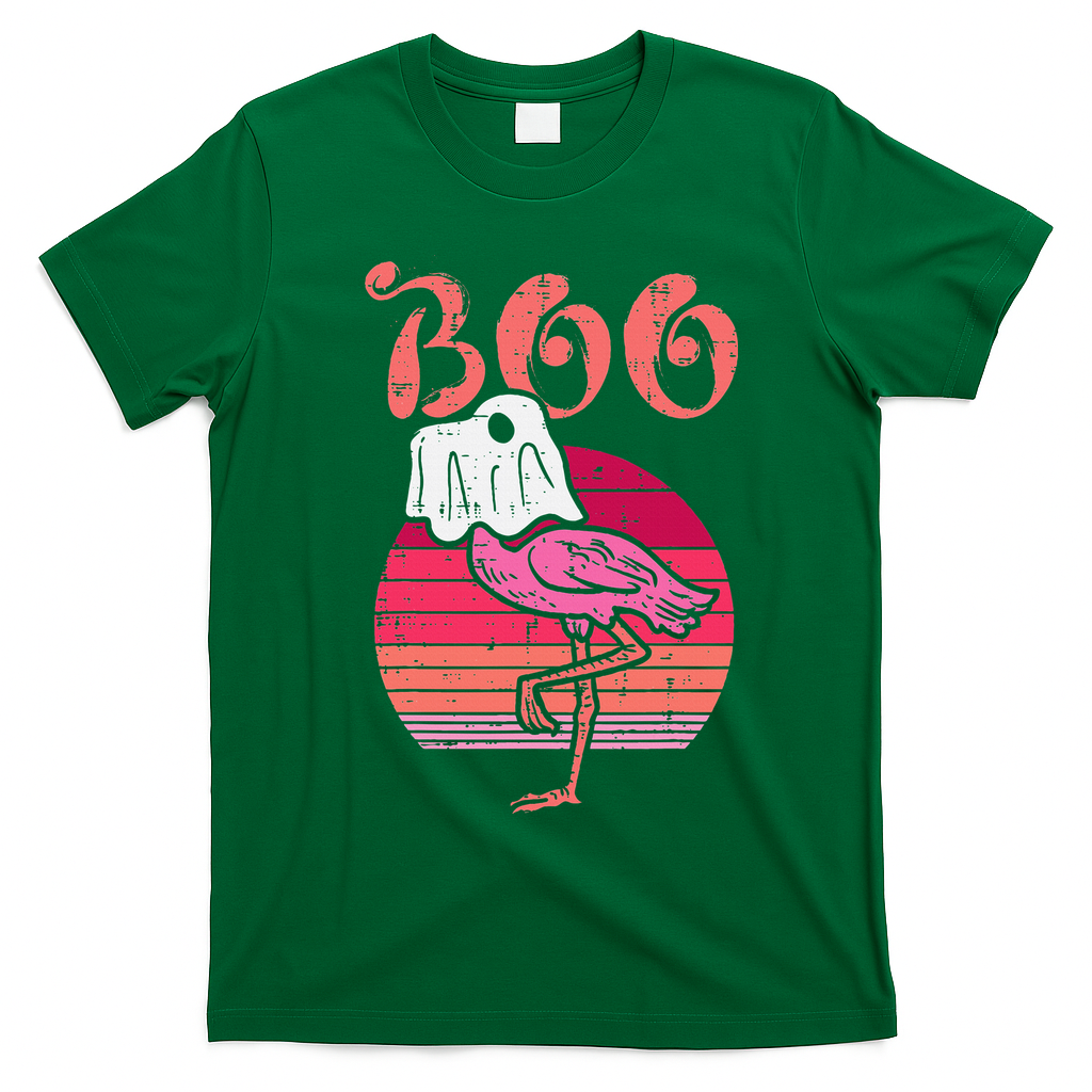 Vintage Halloween Flamingo Ghost Sunset Print T-Shirt - Irish Green