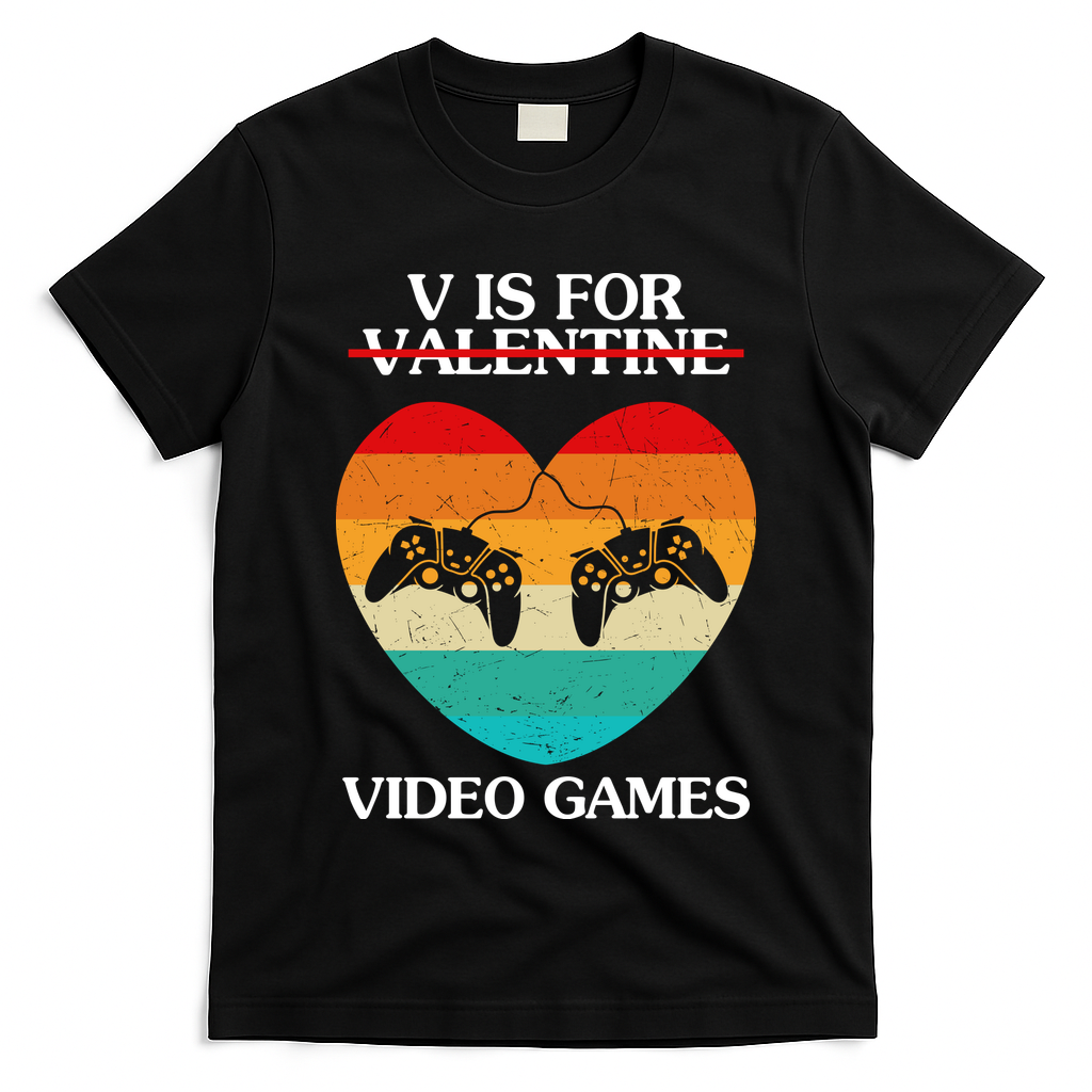 V Is For Valentine Video Games Retro Sunset Heart T-Shirt