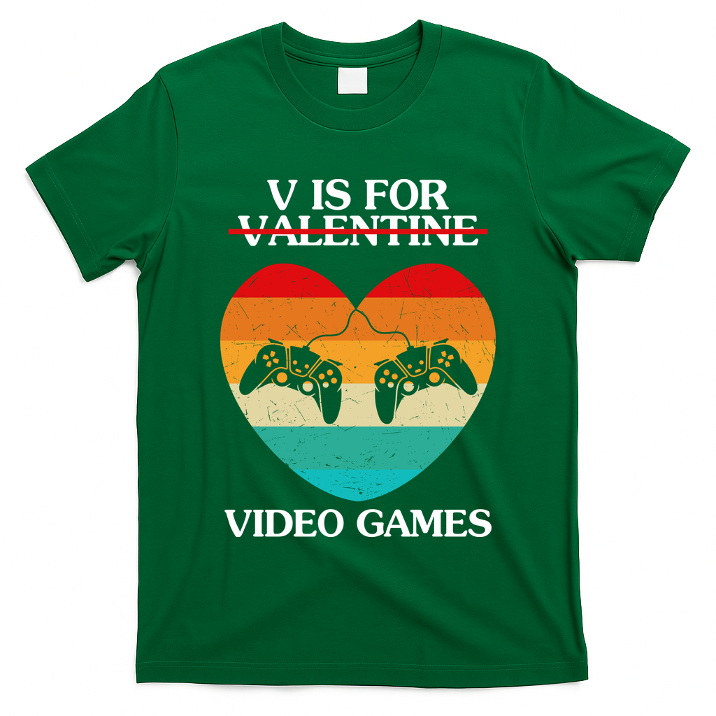 V Is For Valentine Video Games Retro Sunset Heart T-Shirt