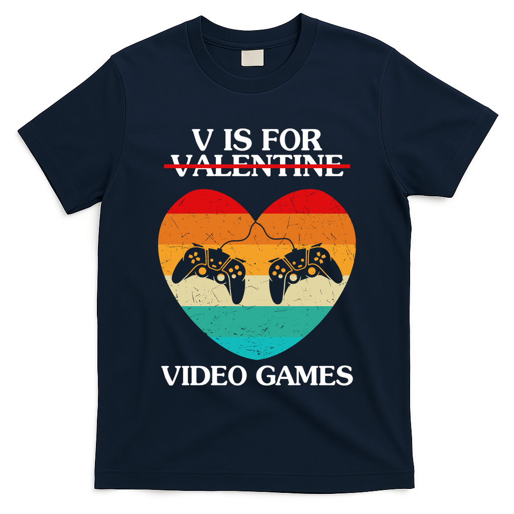 V Is For Valentine Video Games Retro Sunset Heart T-Shirt