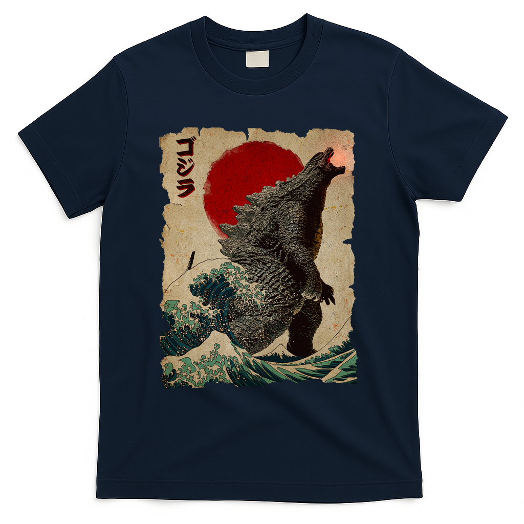 Vintage Japanese Monster Great Wave Poster T-Shirt - Navy