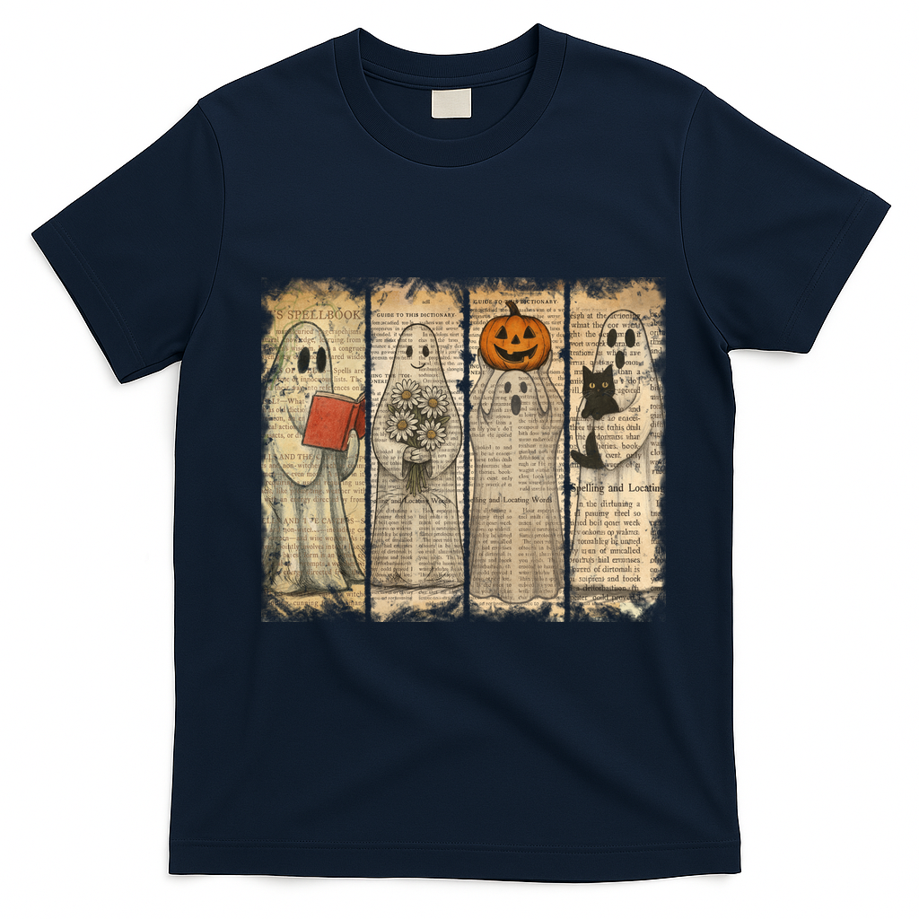 Vintage Oldpaper Ghost Halloween T-Shirt - Navy Blue