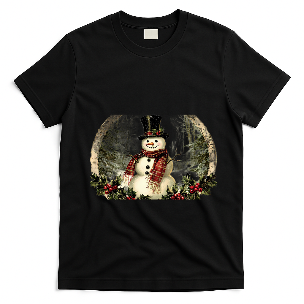 Vintage Snowman Scene T-Shirt - Black
