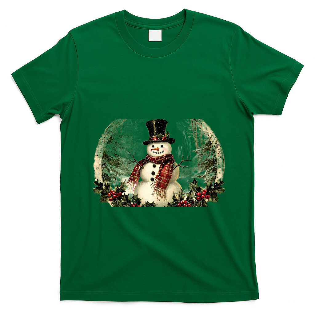 Vintage Snowman Scene T-Shirt - Irish Green