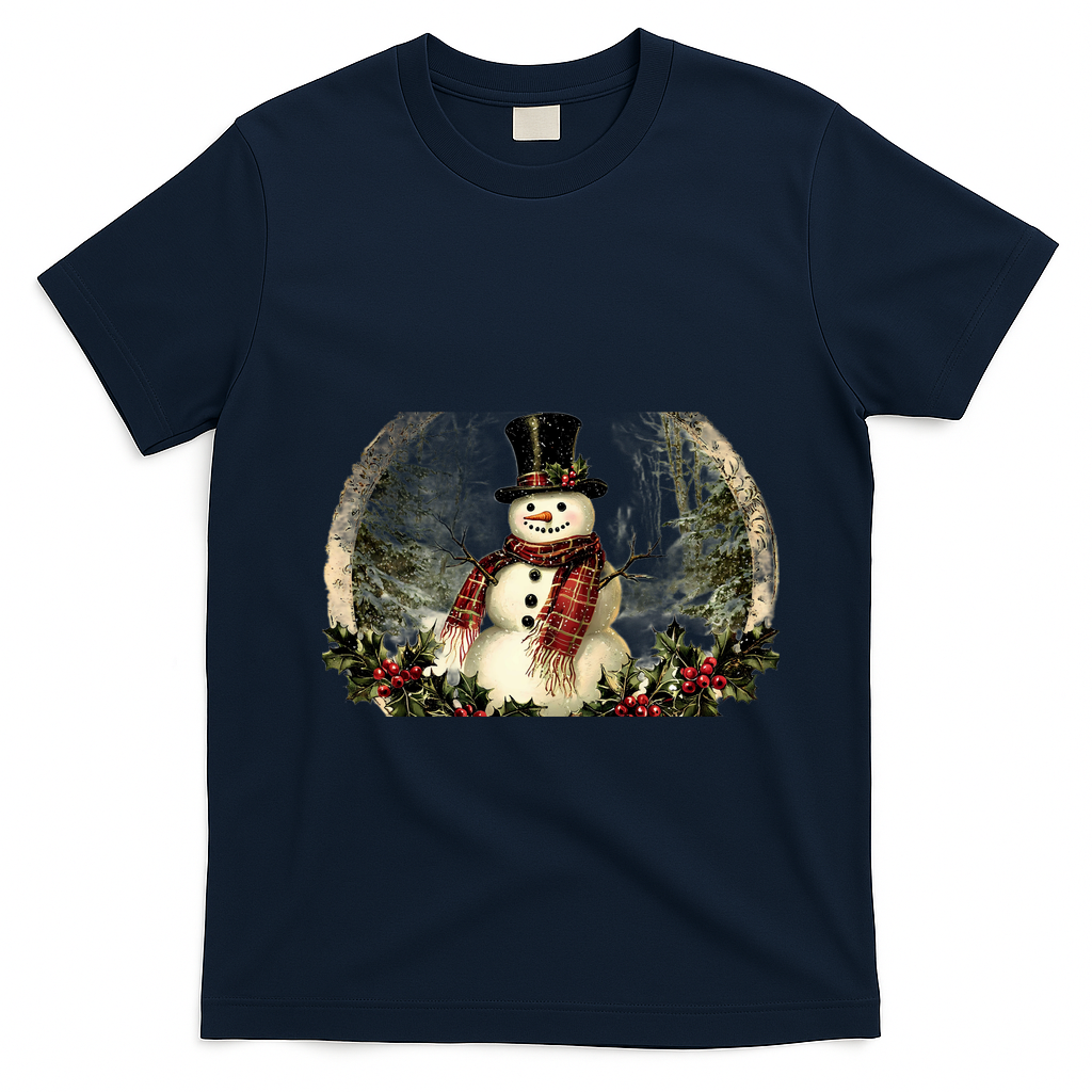 Vintage Snowman Scene T-Shirt - Navy Blue
