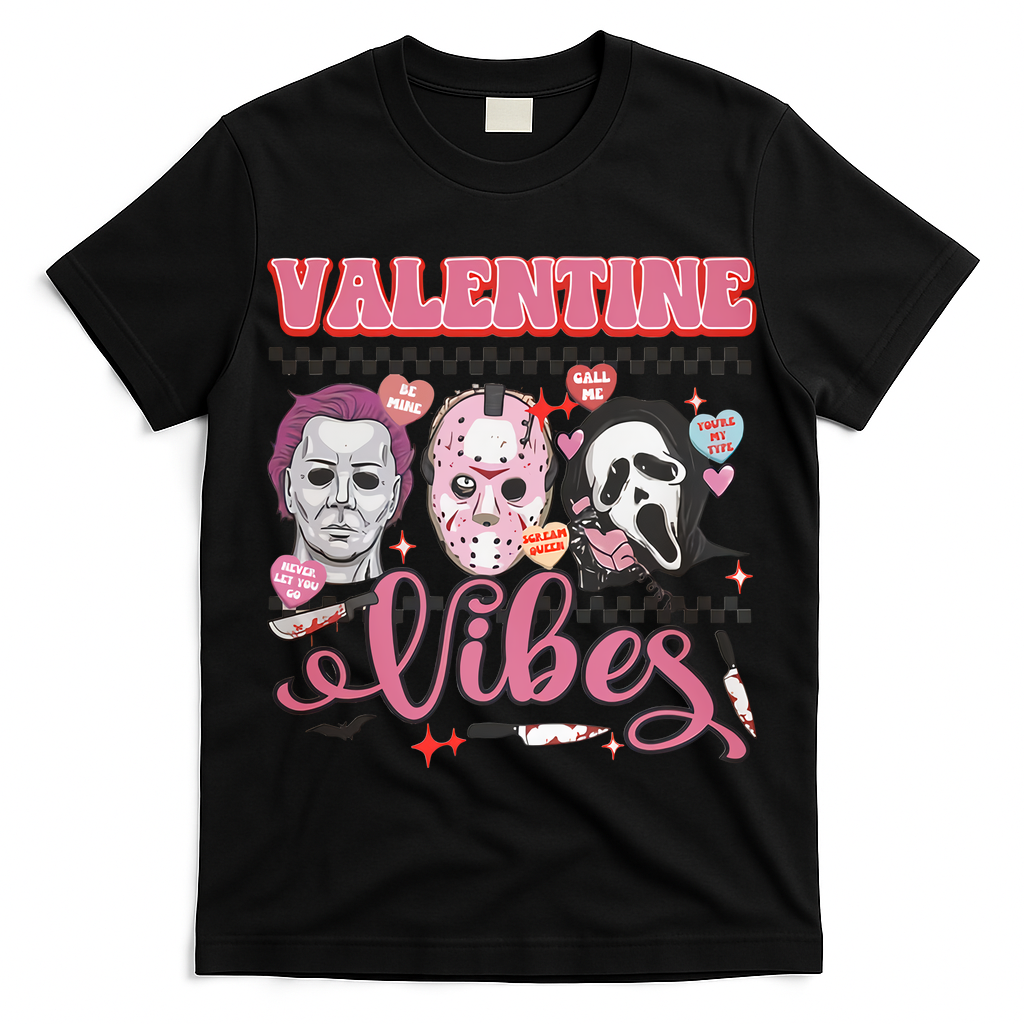 Valentine Vibes Horror Characters Funny Scary Valentine's Day T-Shirt