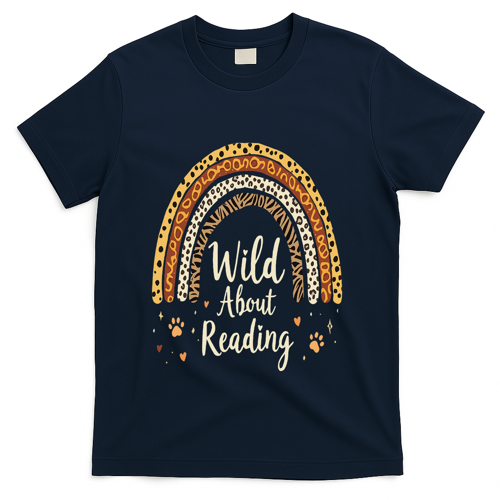Wild About Reading Teacher Back To School Rainbow Gift T-Shirt - Navy