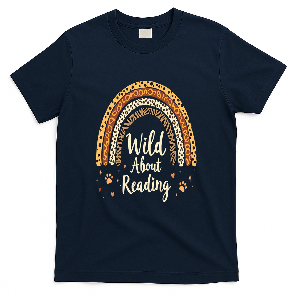 Wild About Reading Teacher Back to School Rainbow T-Shirt - Navy