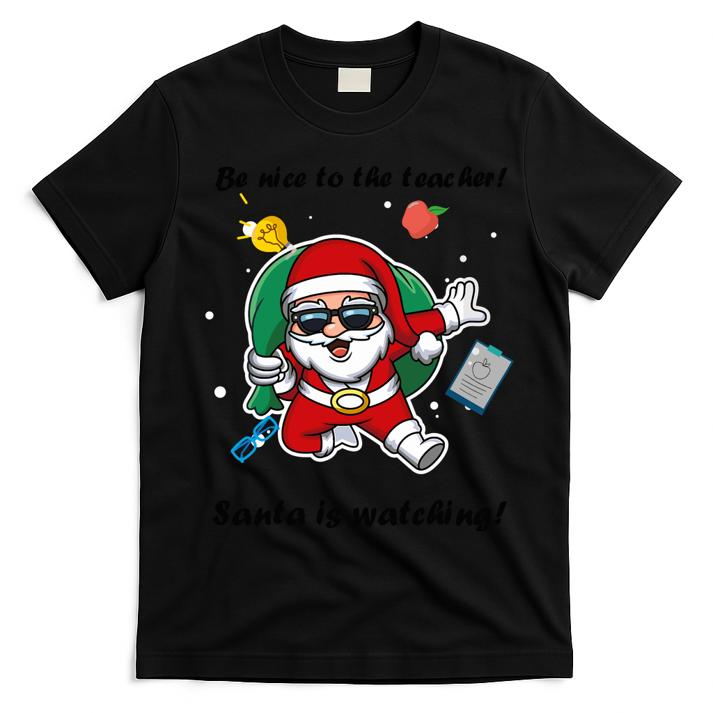 Wo Be Nice To The Teacher. Santa Is Watching! A Fun Christmas T-Shirt - Black