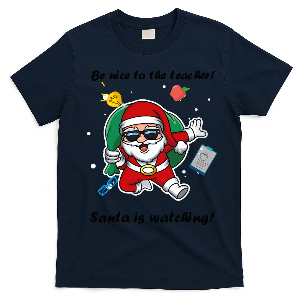 Wo Be Nice To The Teacher. Santa Is Watching! A Fun Christmas T-Shirt - Navy Blue