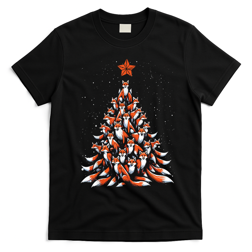 Women Fox Christmas Tree Fox Xmas Tree Gift T-Shirt - Black
