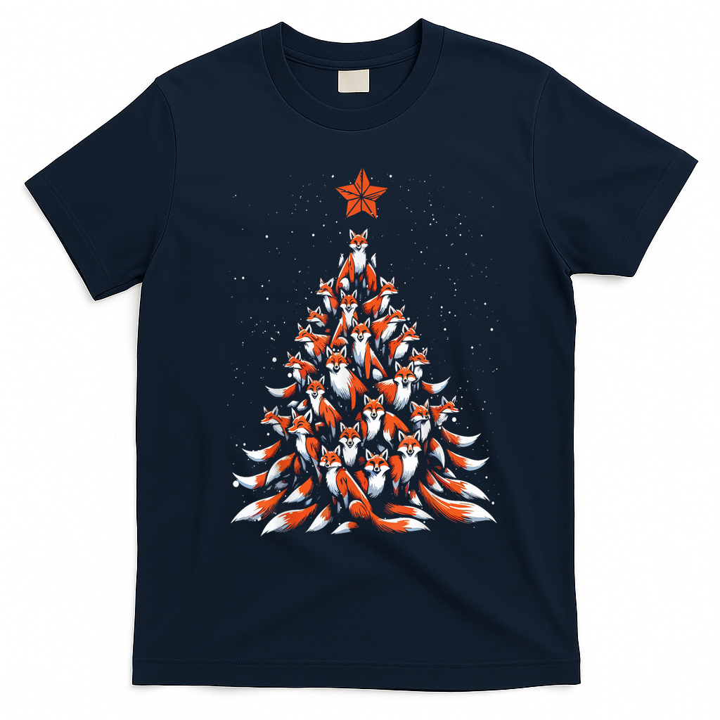 Women Fox Christmas Tree Fox Xmas Tree Gift T-Shirt - Navy Blue