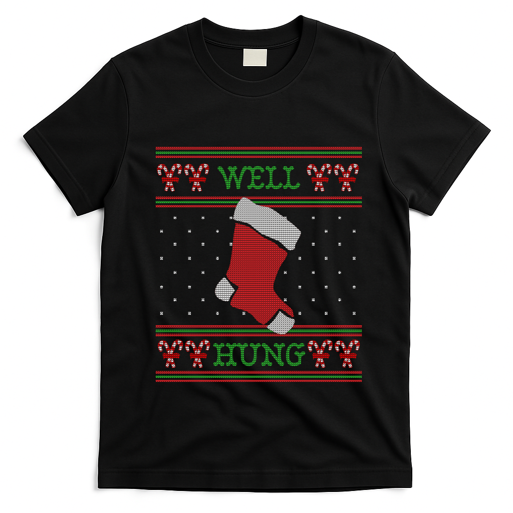 Well Hung Funny Adult Ugly Christmas Style Gift T-Shirt - Black