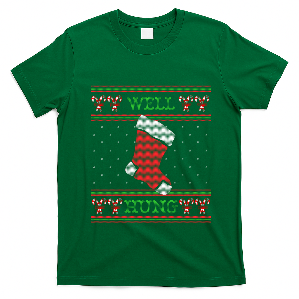 Well Hung Funny Adult Ugly Christmas Style Gift T-Shirt - Irish Green