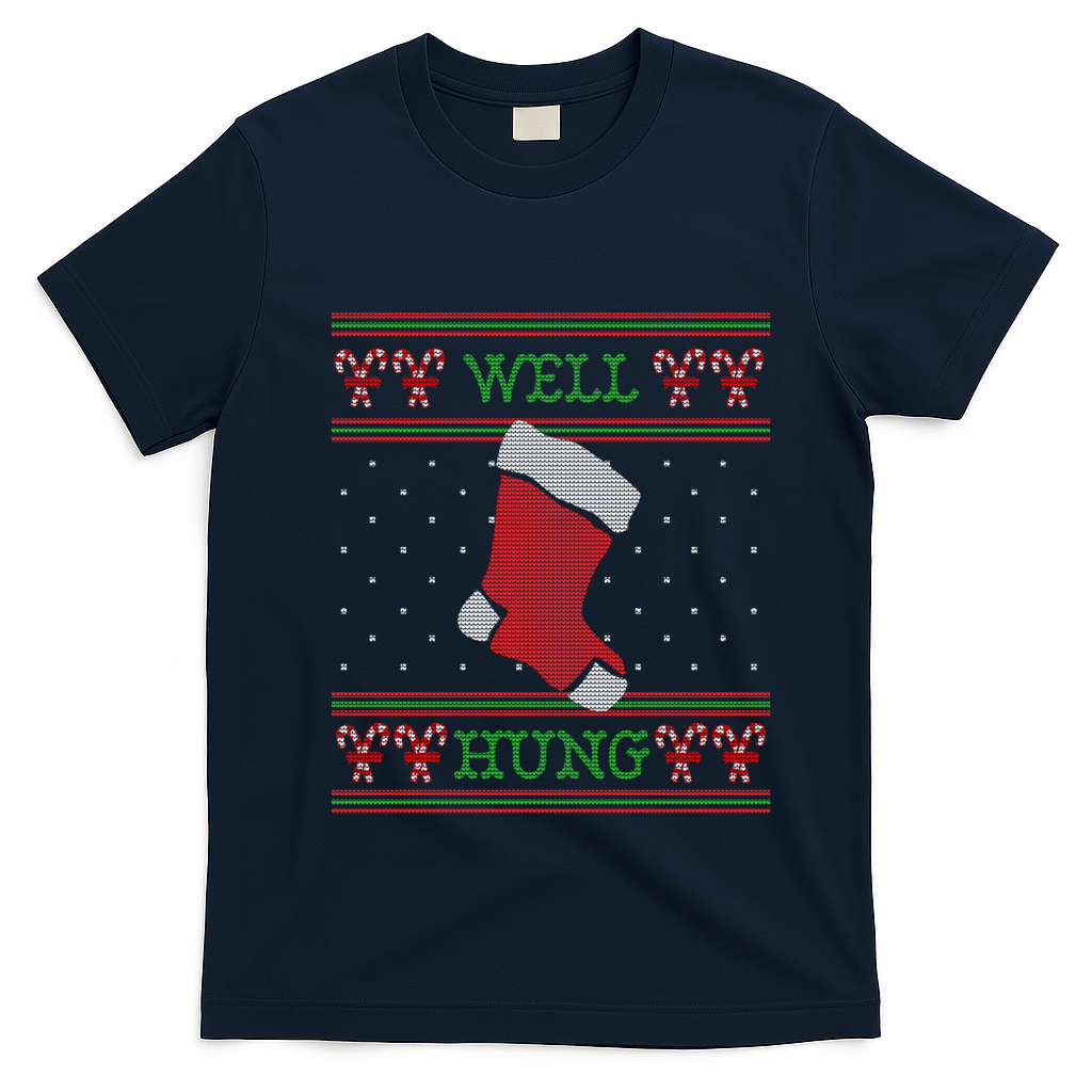 Well Hung Funny Adult Ugly Christmas Style Gift T-Shirt - Navy Blue