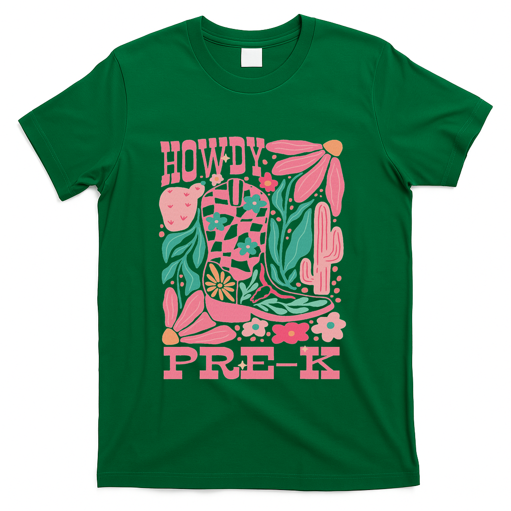 Western Howdy Pre K Back To School Preschool Teacher T-Shirt - Green