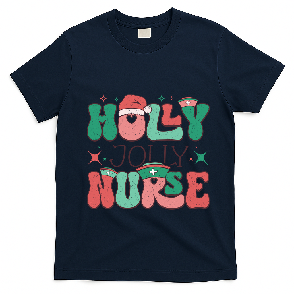 Wolly Jolly Nurse Holiday Graphic T-Shirt - Navy Blue
