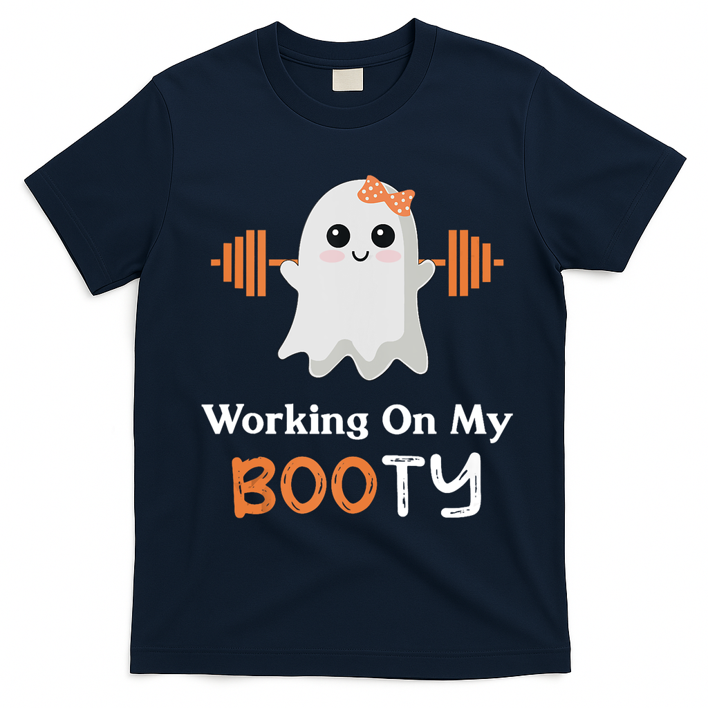 Working On My Booty Funny Halloween Gym Ghost Booty Pun T-Shirt - Navy Blue