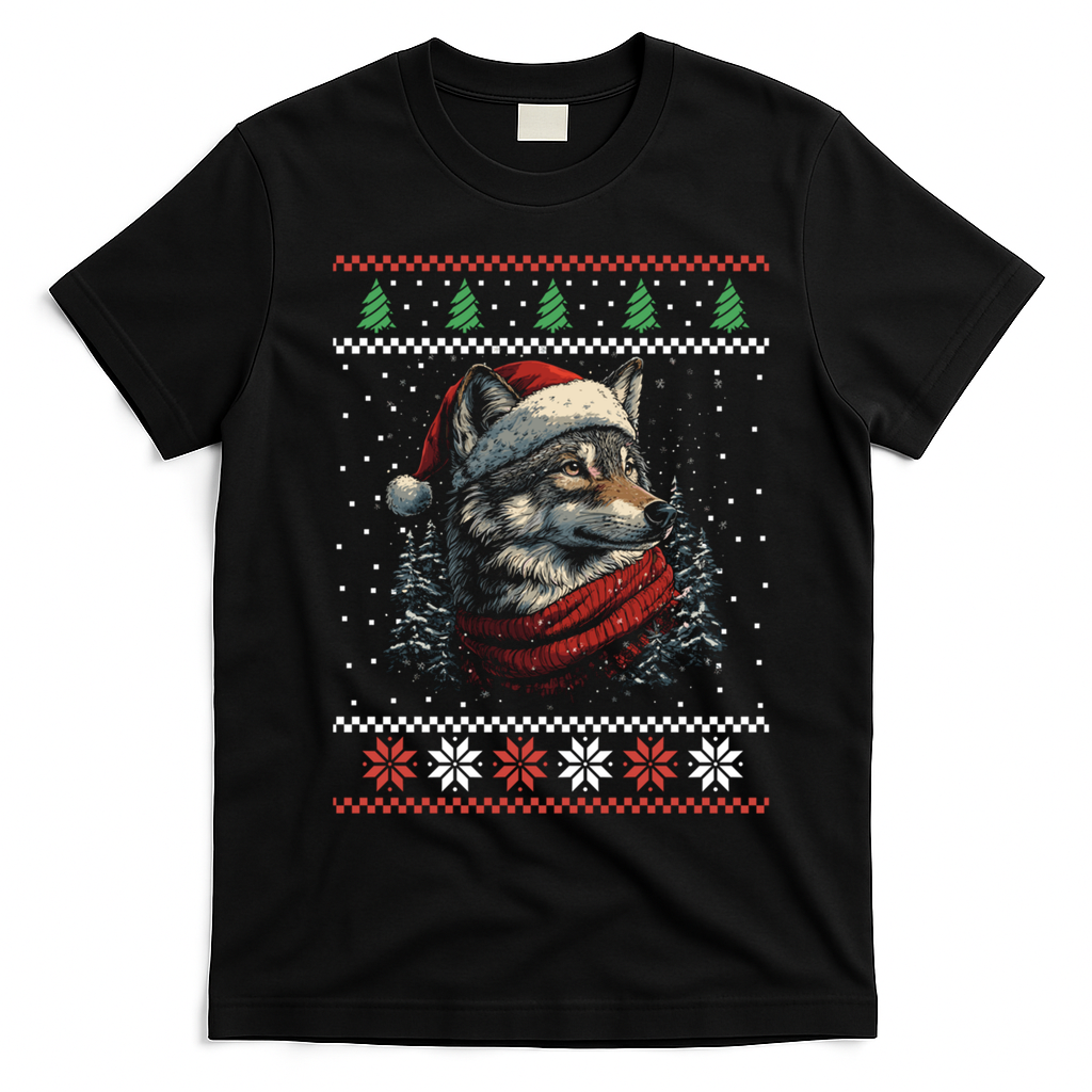 Wolf Santa Hat Ugly Christmas Cute Gift T-Shirt - Black