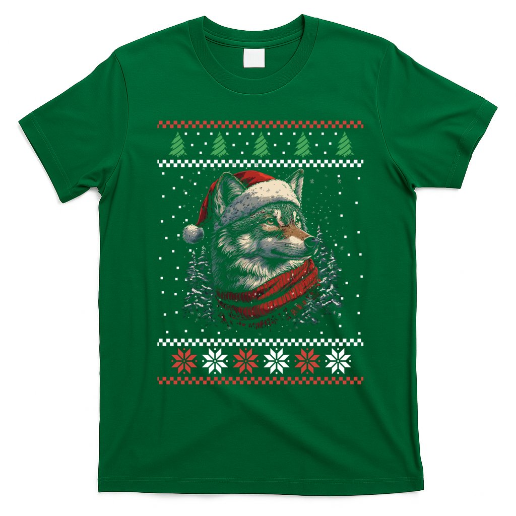 Wolf Santa Hat Ugly Christmas Cute Gift T-Shirt - Irish Green