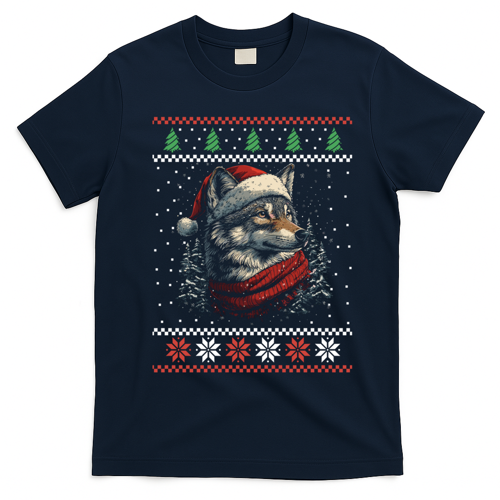 Wolf Santa Hat Ugly Christmas Cute Gift T-Shirt - Navy Blue