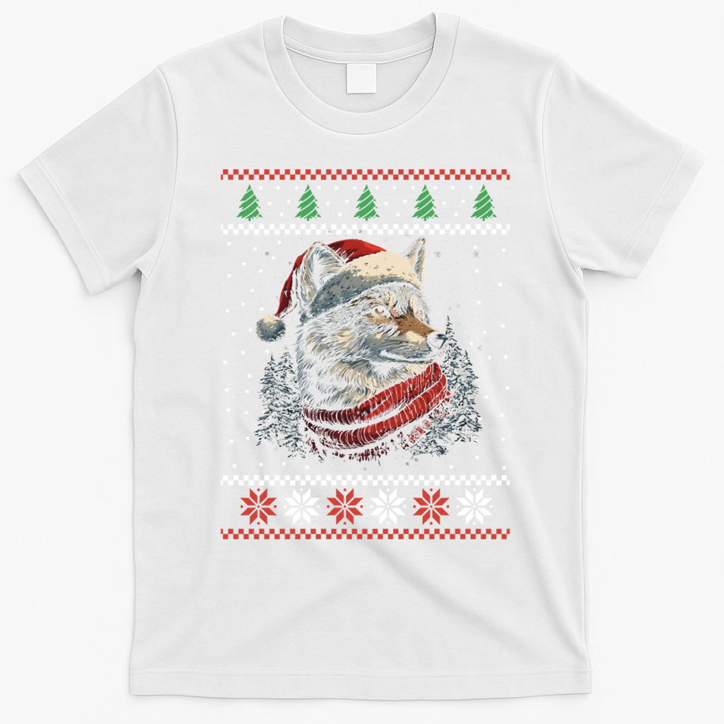 Wolf Santa Hat Ugly Christmas Cute Gift T-Shirt - White