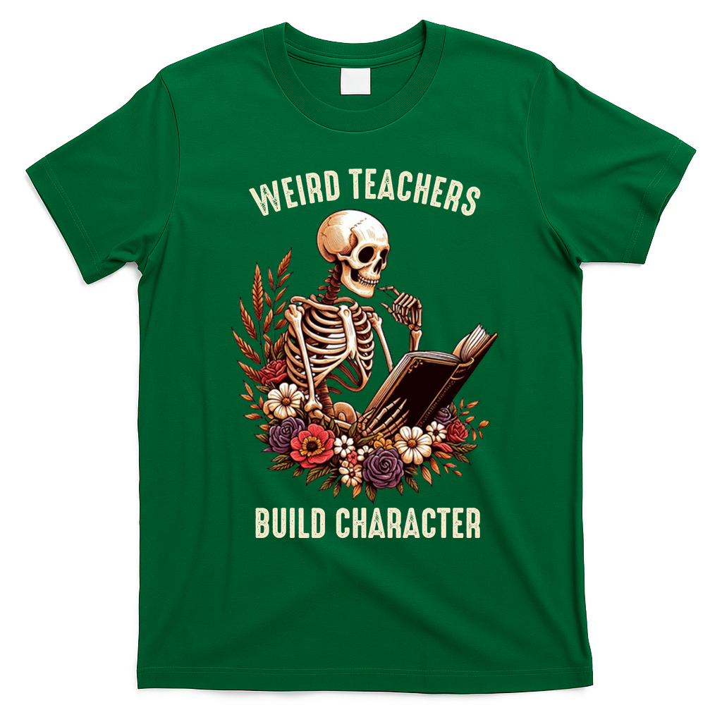 Wierd Teachers Build Charcter Funny Skeleton Book Floral Halloween T-Shirt - Irish Green