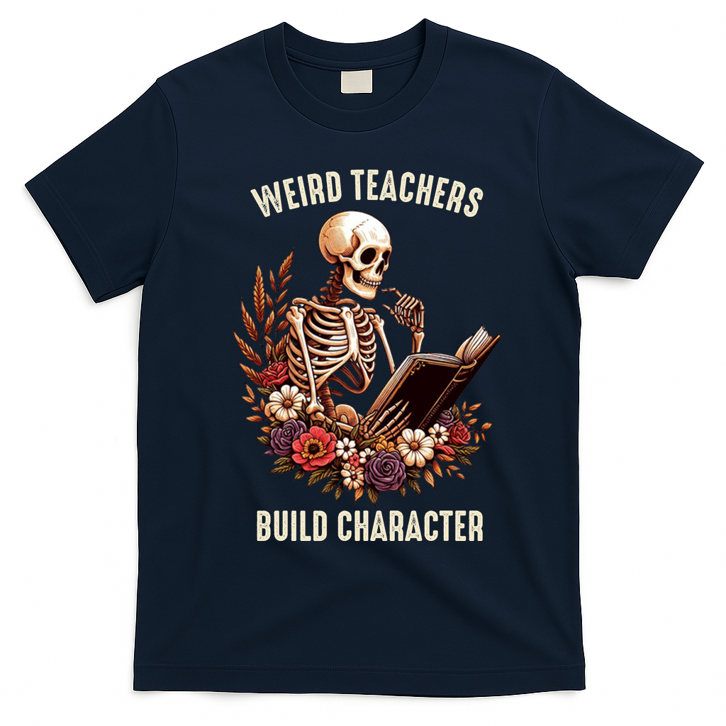 Wierd Teachers Build Charcter Funny Skeleton Book Floral Halloween T-Shirt - Navy Blue