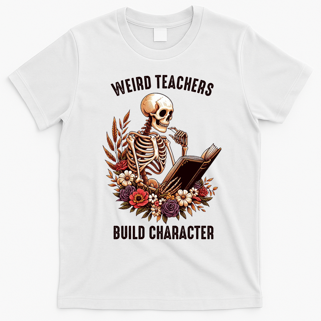 Wierd Teachers Build Charcter Funny Skeleton Book Floral Halloween T-Shirt - White
