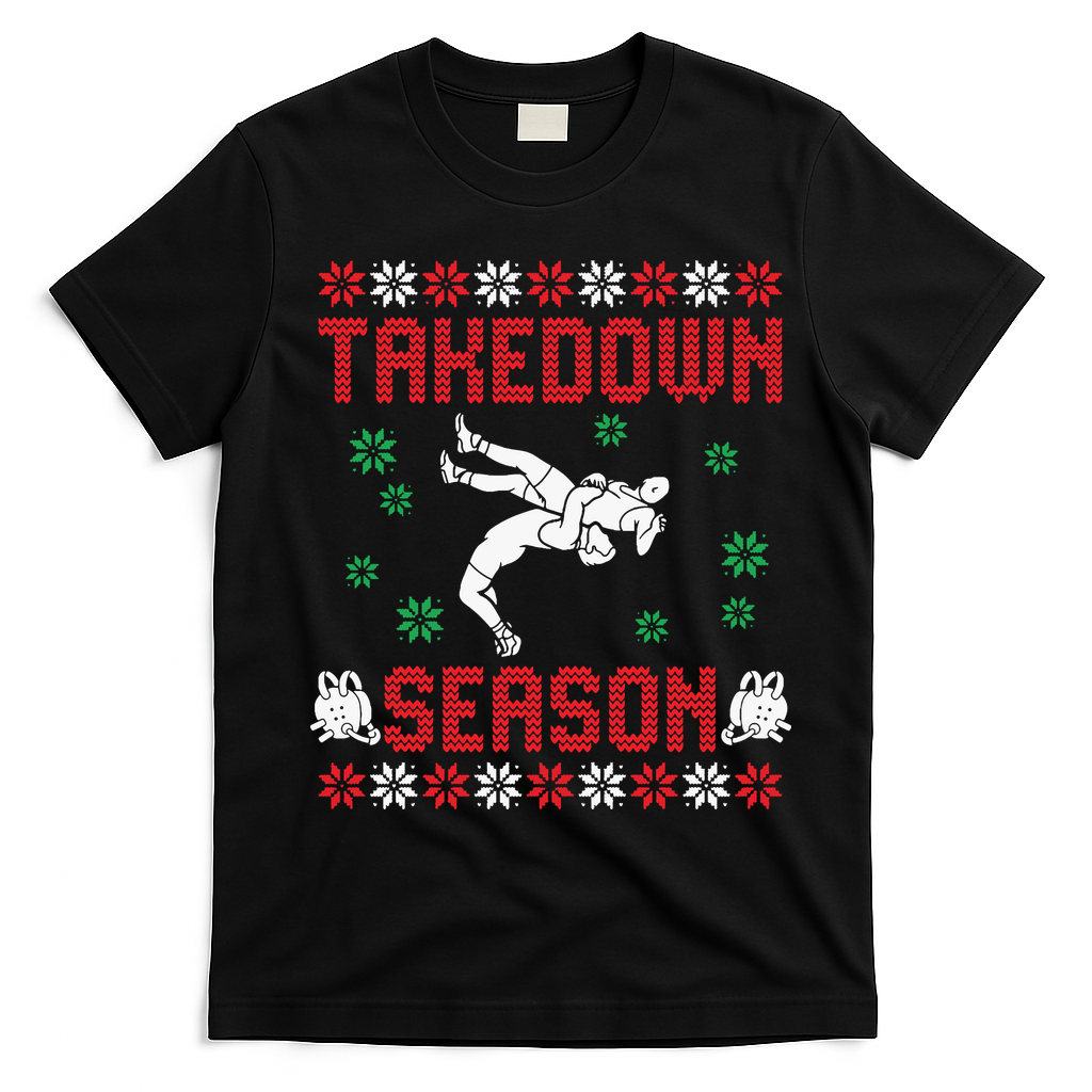 Wrestling Ugly Sweater Takedown Season Christmas Santa T-Shirt - Black