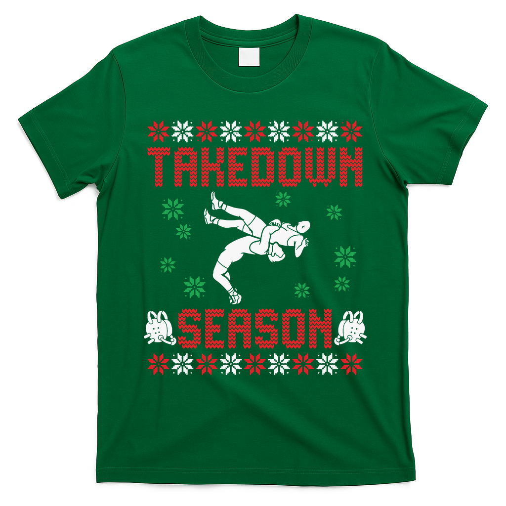 Wrestling Ugly Sweater Takedown Season Christmas Santa T-Shirt - Irish Green