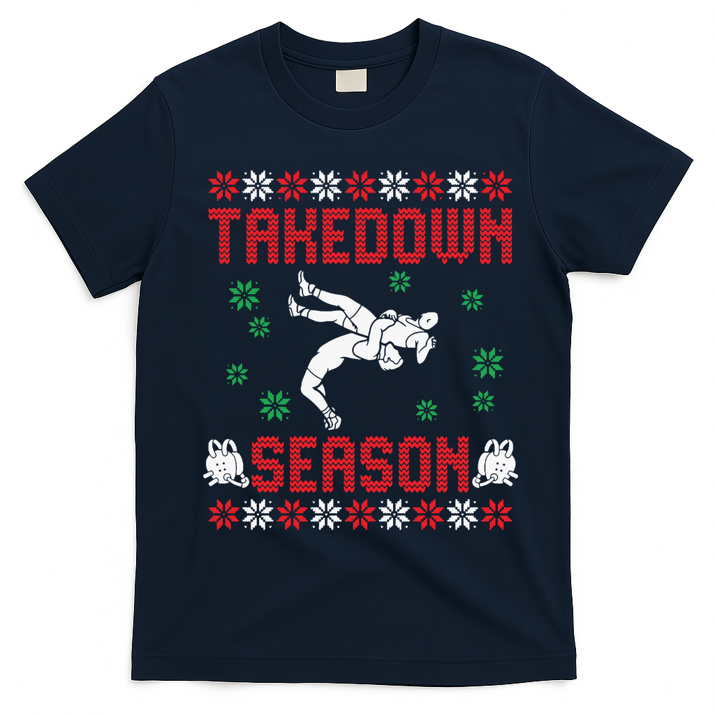 Wrestling Ugly Sweater Takedown Season Christmas Santa T-Shirt - Navy Blue