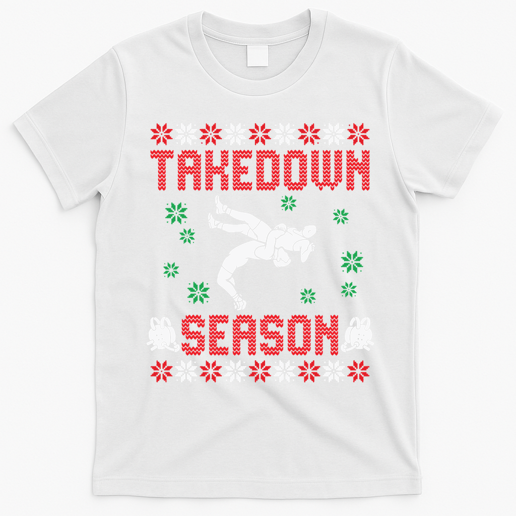 Wrestling Ugly Sweater Takedown Season Christmas Santa T-Shirt - White